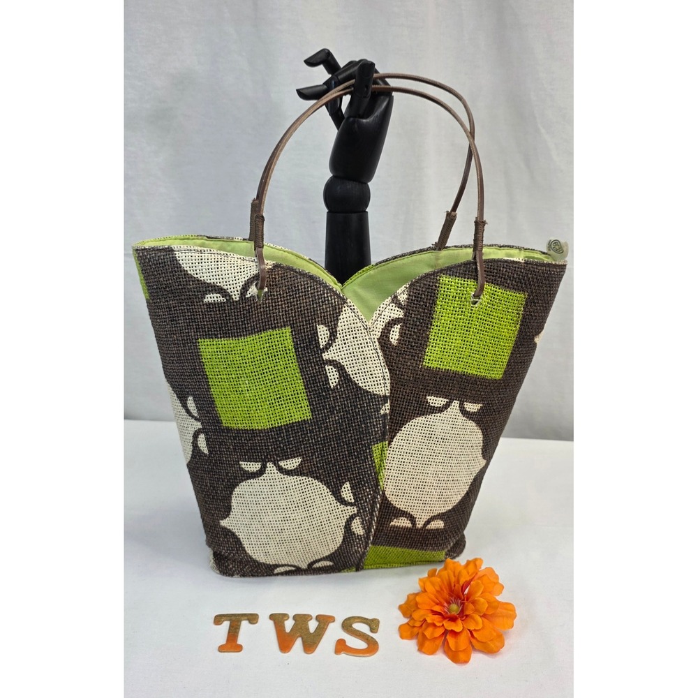 Engage Green New York Recycled Paper Woven Tote Bag Brown Lime Green Bird Print